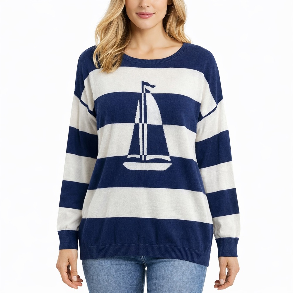 Cyrus Long Sleeve‎ Navy Blue and White Striped Sailboat Nautical Sweater L/XL